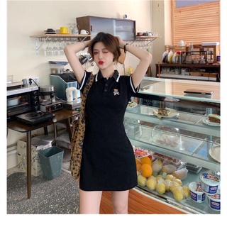 Váy polo thêu gấu dream hồng đen trắng - đầm polo cộc tay lỡ dáng suông bear teddy - sp sẵn