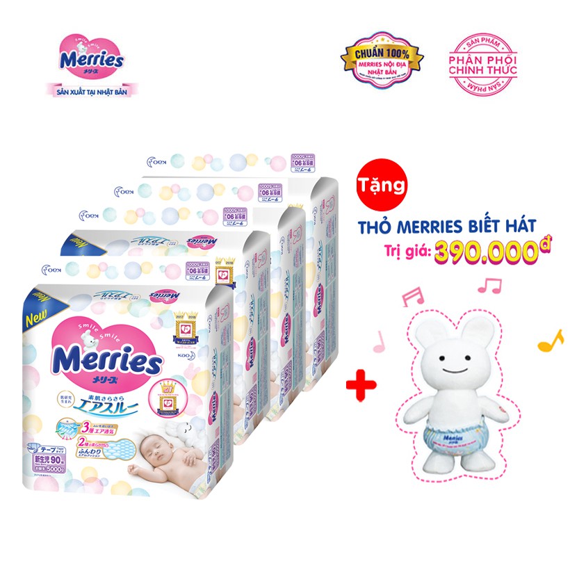 Mua 4 Tã/bỉm dán Merries Đủ Size NB90/S82/M64/XL44 - Tặng 1 thỏ Merries biết hát