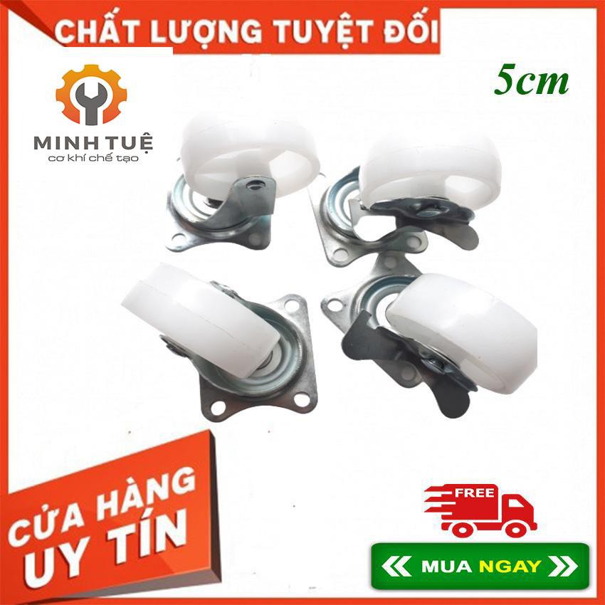 Bộ bánh xe đẩy nhựa trắng 5 cm xoay 360 độ, có khóa chống trượt _ CƠ KHÍ MINH TUỆ