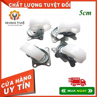 Bộ bánh xe đẩy nhựa trắng 5 cm xoay 360 độ, có khóa chống trượt _ CƠ KHÍ MINH TUỆ