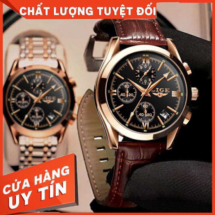 HÀNG CAO CẤP -  LIGE Đồng Hồ Nam Dây Da Chính Hãng Chống Nước Chronograph Đđồng Hồ Thời Trang Nam Đồng Hồ Kim 