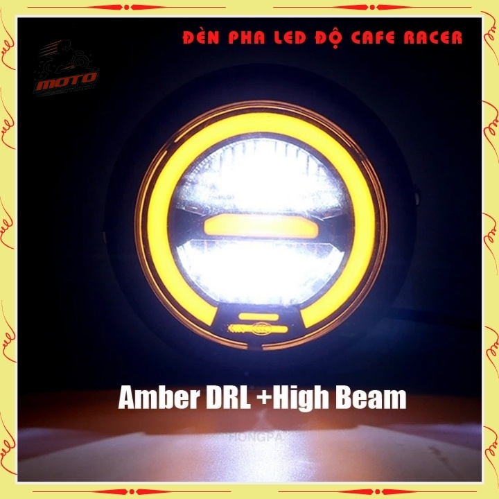 Đèn pha led cao cấp , đèn led pha độ xe máy CAFE RACER gáo sắt sơn đen mặt kính trong suốt