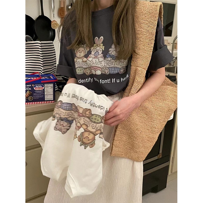 NRVP Áo thun 100% cotton tay ngắn cổ tròn dáng rộng phong cách Hàn Quốc cho nữ