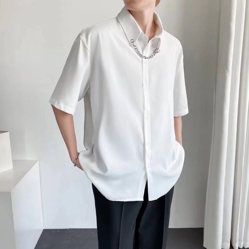 Áo Sơ Mi Tay Ngắn Dáng Rộng Màu Trắng Đen Phong Cách Nhật Bản Cao Cấp Cho Nam Size M-3XL