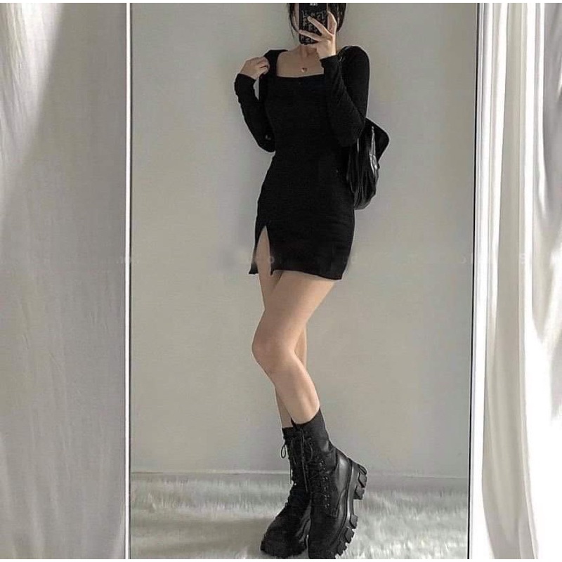 Đầm Body Thun Xẻ Đùi Tay Dài Quyến Rũ Cho Nữ Phong Cách Basic