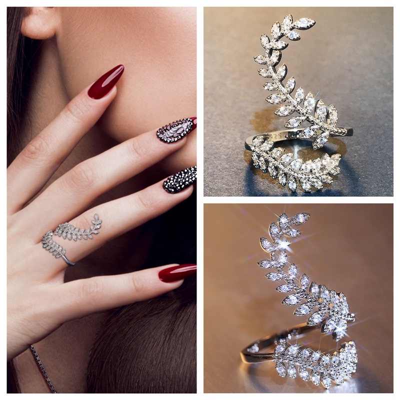Nhẫn mạ bạc hình chiếc lá dài đính đá zircon sáng tạo thời trang cho nữ