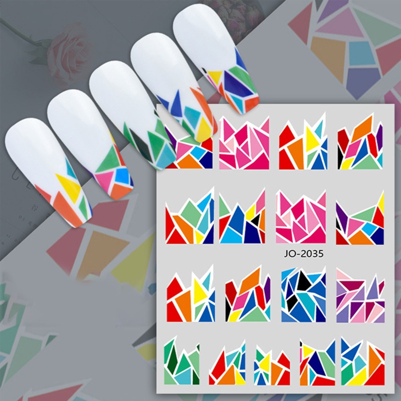 Set 12 Tờ Nhãn Dán Móng Tay Tự Dính Họa Tiết Hình Học Nhiều Màu Sắc Kiểu Pháp