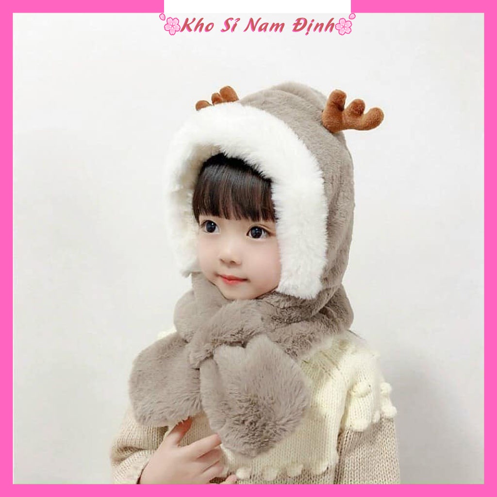 Mũ trẻ em mùa đông lót lông sừng hươu cute nón kèm khăn siêu ấm tai gấu thỏ cho bé