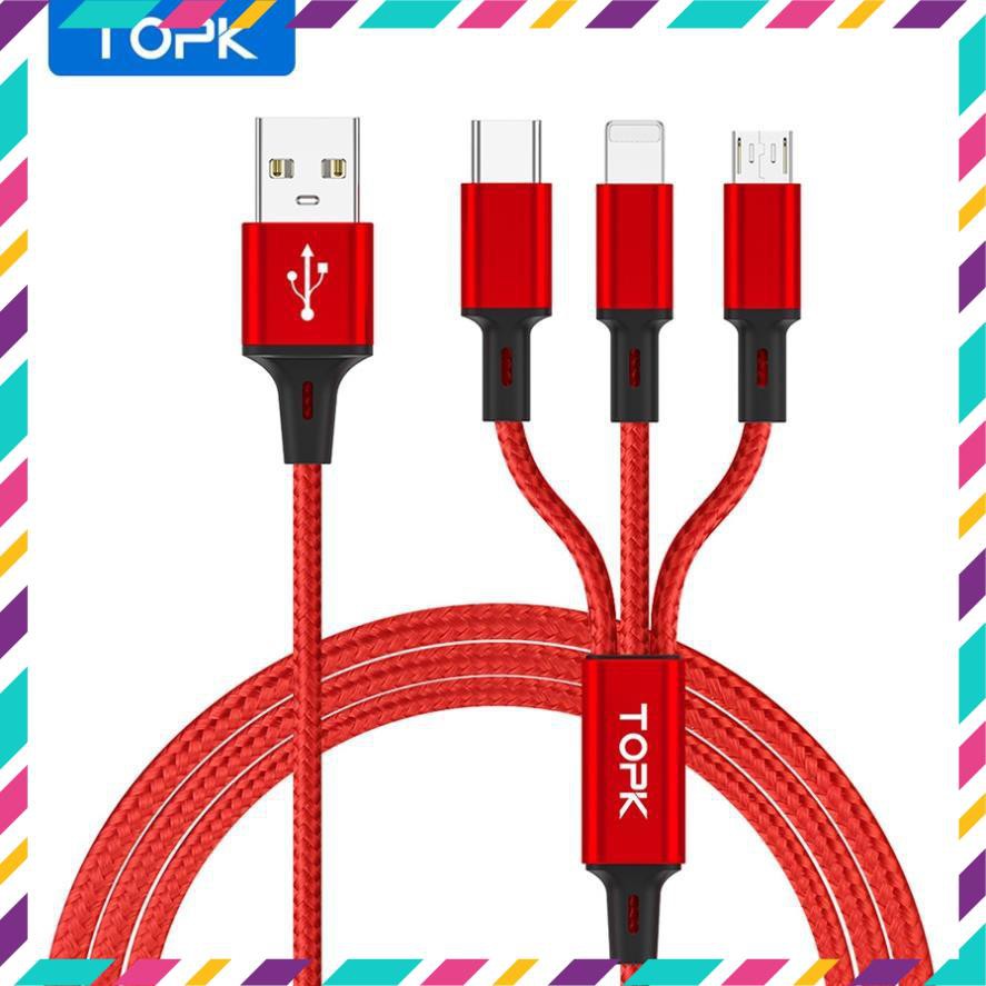Dây cáp sạc TOPK AN20 nhiều cổng sạc USB micro type C lightning 3 trong 1 cho điện thoại iPhone Samsung Huawei dài 1.2M