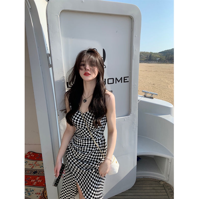 JSC Jiashucheng Đầm Dài Hai Dây Dáng Ôm Họa Tiết Kẻ Sọc Phong Cách Retro Mùa Hè Mới Cho Nữ