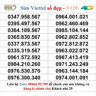 Sim Viettel V120 đầu 09 số đẹp giá rẻ 29