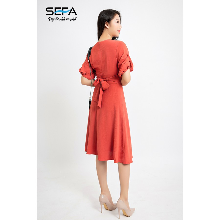 Đầm xòe tay bồng SEFA thắt đai cổ tim SFT3017