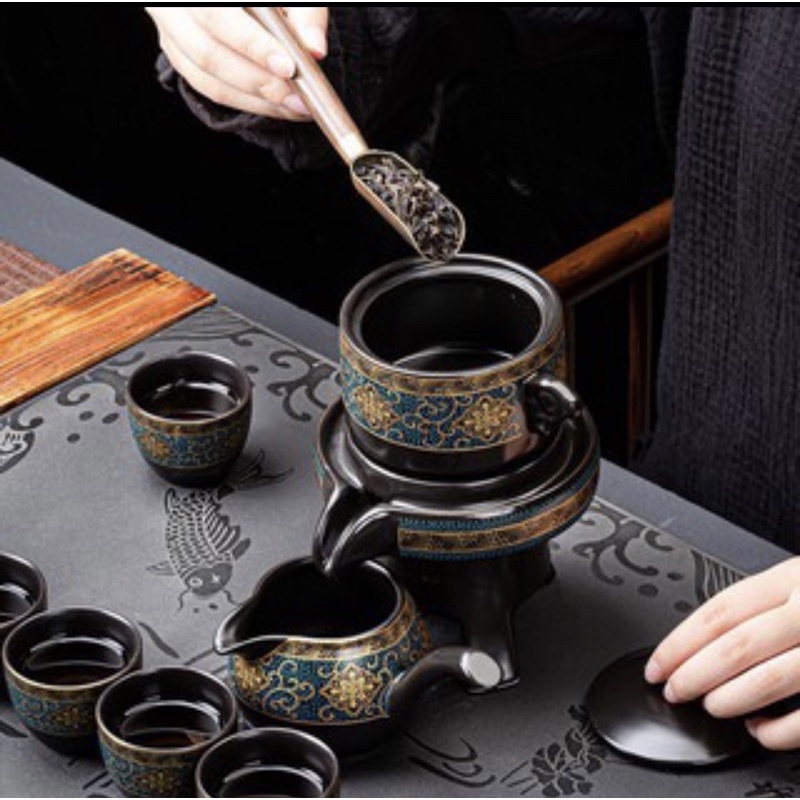 Bộ Ấm Chén Pha Trà Cối Xay - Xanh Đen   kèm hộp quà tặng.
