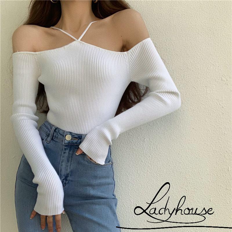 LD-Áo Dệt Kim Trễ Vai Màu Trơn Phong Cách Hàn Quốc Dành Cho Nữ