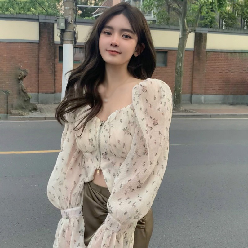 Áo kiểu tay dài phồng trễ vai vải chiffon thiết kế khóa kéo phía trước họa tiết hoa thời trang Hàn Quốc cho nữ