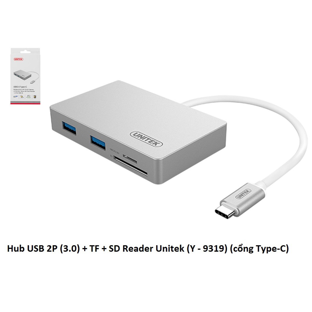 HUB USB TYPE C SANG 2 CỔNG USB 3.0 ĐỌC THẺ NHỚ TF MICRO SD UNITEK Y 9319