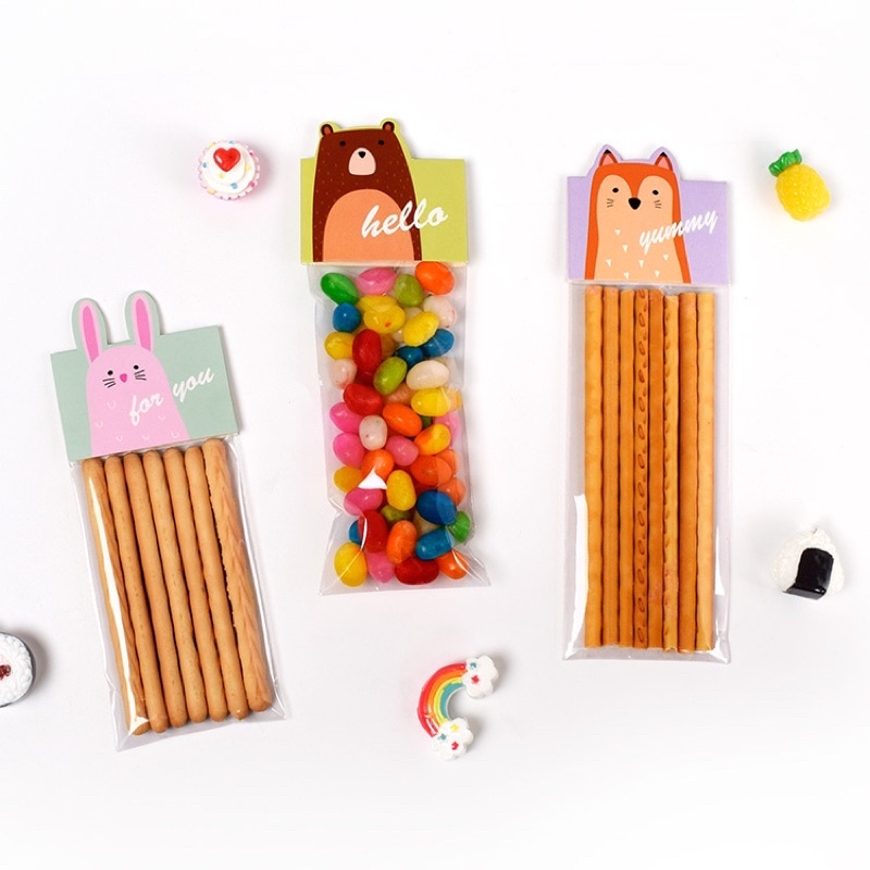 set 10 bộ túi kiếng kẹp giấy size 6 x 20 cm hình động vật