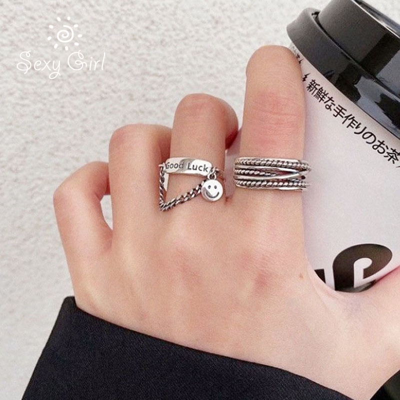 Set 2 nhẫn đeo tay kim loại hình mặt cười phong cách Hip Hop cho nữ