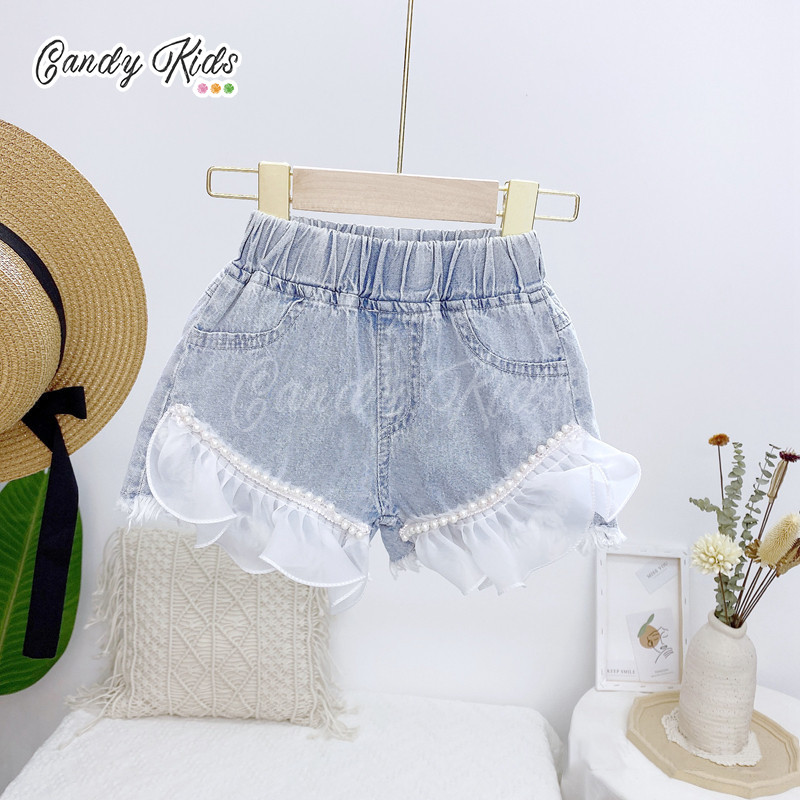 Quần Short Denim Viền Ren Đính Ngọc Trai Thời Trang Cho Bé Gái (3-8 Tuổi)