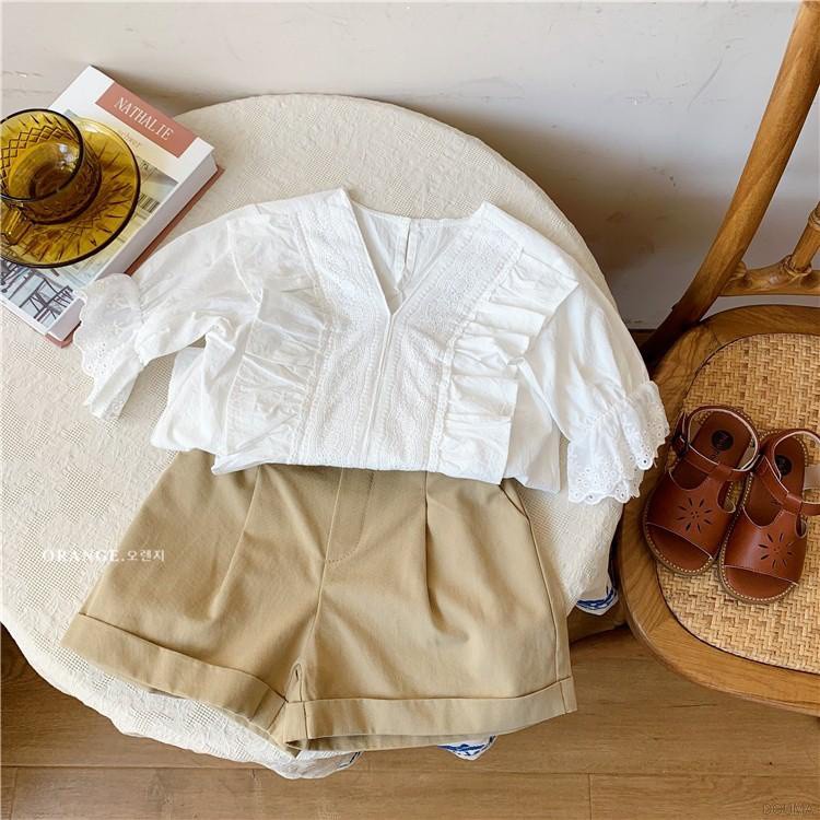 Bộ Đồ 3 Món Gồm Áo Ren Cổ Chữ V Kèm Quần Ngắn Và Thắt Lưng Thời Trang Mùa Hè Cho Bé Gái