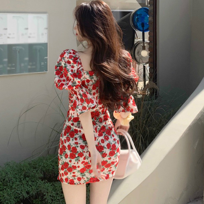 Đầm cổ vuông ôm eo in họa tiết hoa phong cách Pháp retro xinh xắn dành cho nữ