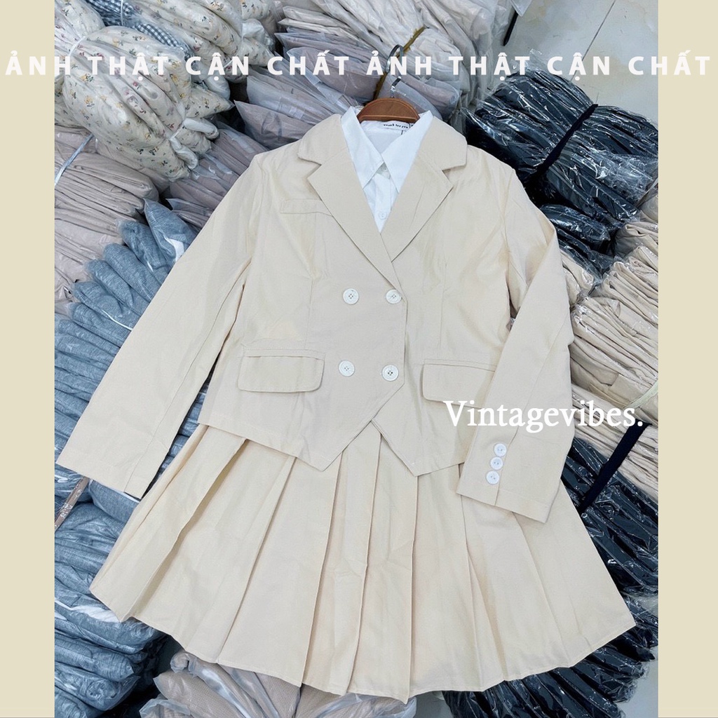 Áo khoác blazer nữ 4 khuy kèm chân váy xếp ly học sinh (hàng QC) - Ảnh thật + Video thật