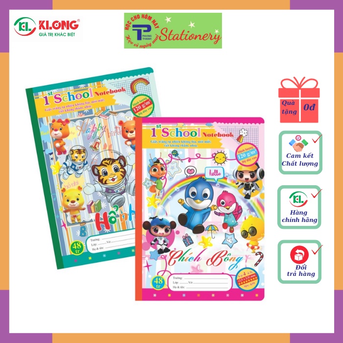 Vở 4 ô ly 48, 80 trang Klong định lượng 120g/m2 bìa hình chích bông, mèo tít, hổ nhi, sóc bi, khăm bun; MS: 038,039