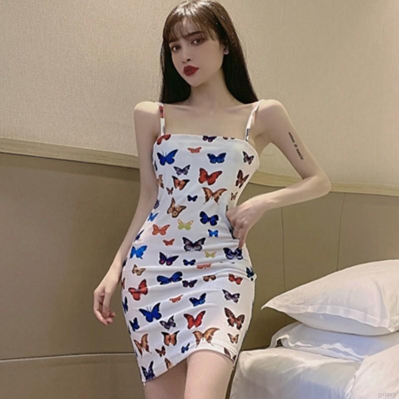 Đầm dáng ôm hai dây không tay in họa tiết cánh bướm quyến rũ phong cách Hàn Quốc dành cho nữ