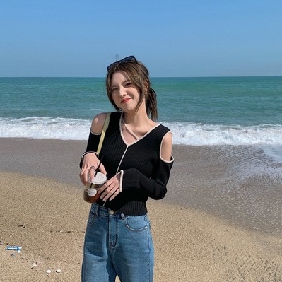 NZN Áo Sweater Dệt Kim Tay Dài Trễ Vai Cổ Chữ V Phong Cách Hàn Quốc Với 3 Màu Lựa