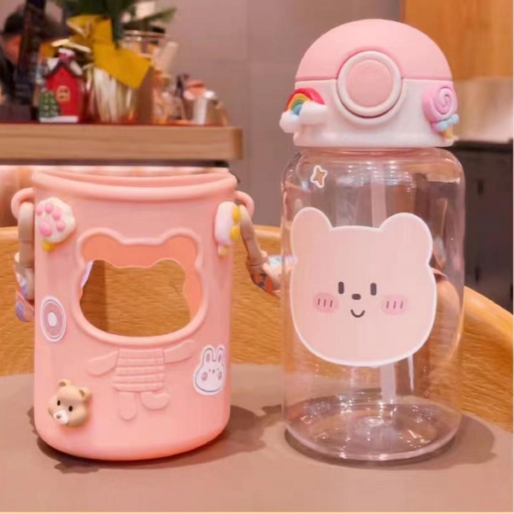 Bình nước cute 620ml có dây đeo và ống hút BN33 - BaloGigo