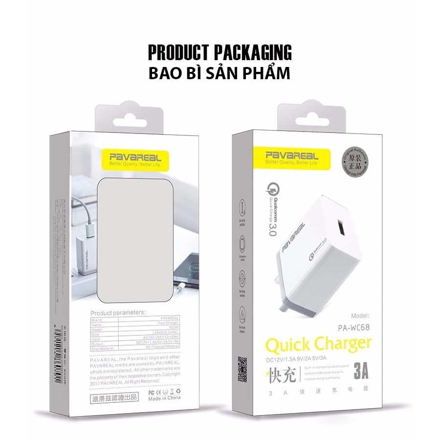 CÓC SẠC NHANH QC3.0 PAVAREAL WC68