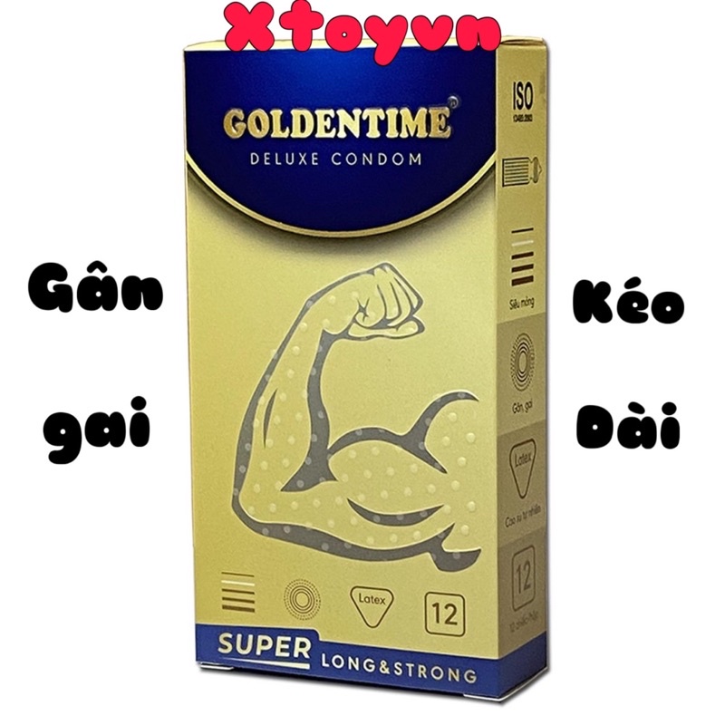 Bao Cao Su Goldentime Super Long &amp; Strong Gân Gai - Kéo Dài Thời Gian Hộp 12 bcs