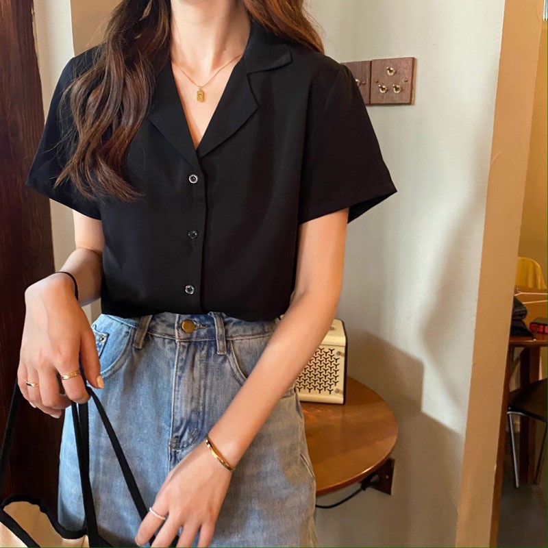 Áo sơ mi tay ngắn cổ vest nữ form rộng đẹp freesize hàn quốc trắng đen kem xanh hồng vintage hàn quốc ylydress C456