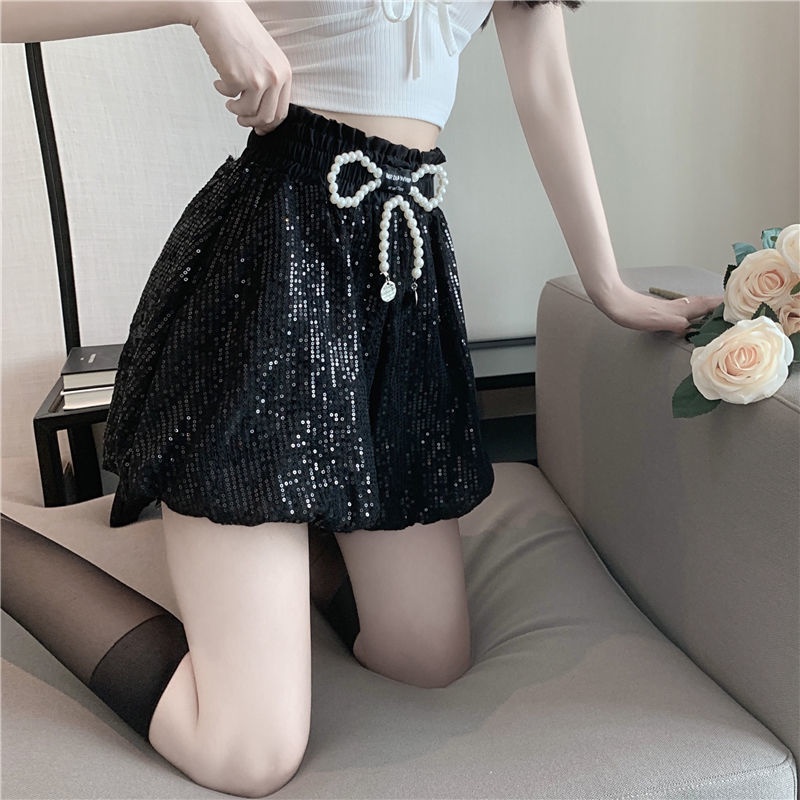 Quần Short Ống Rộng Lưng Cao Thêu Họa Tiết Đính Sequin Thời Trang Mùa Hè Cho Nữ
