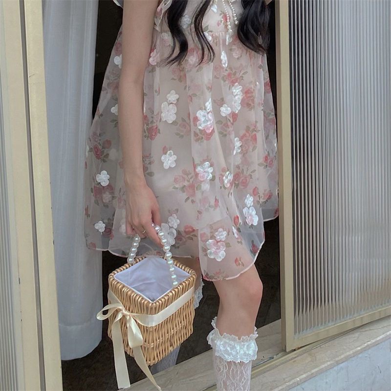 🌷váy babydoll  chân váy chữ a Đầm Búp Bê Tay Phồng Đính Nơ Họa Tiết Hoa Hồng Xinh Xắn Thời Trang Mùa Hè Cho Nữ