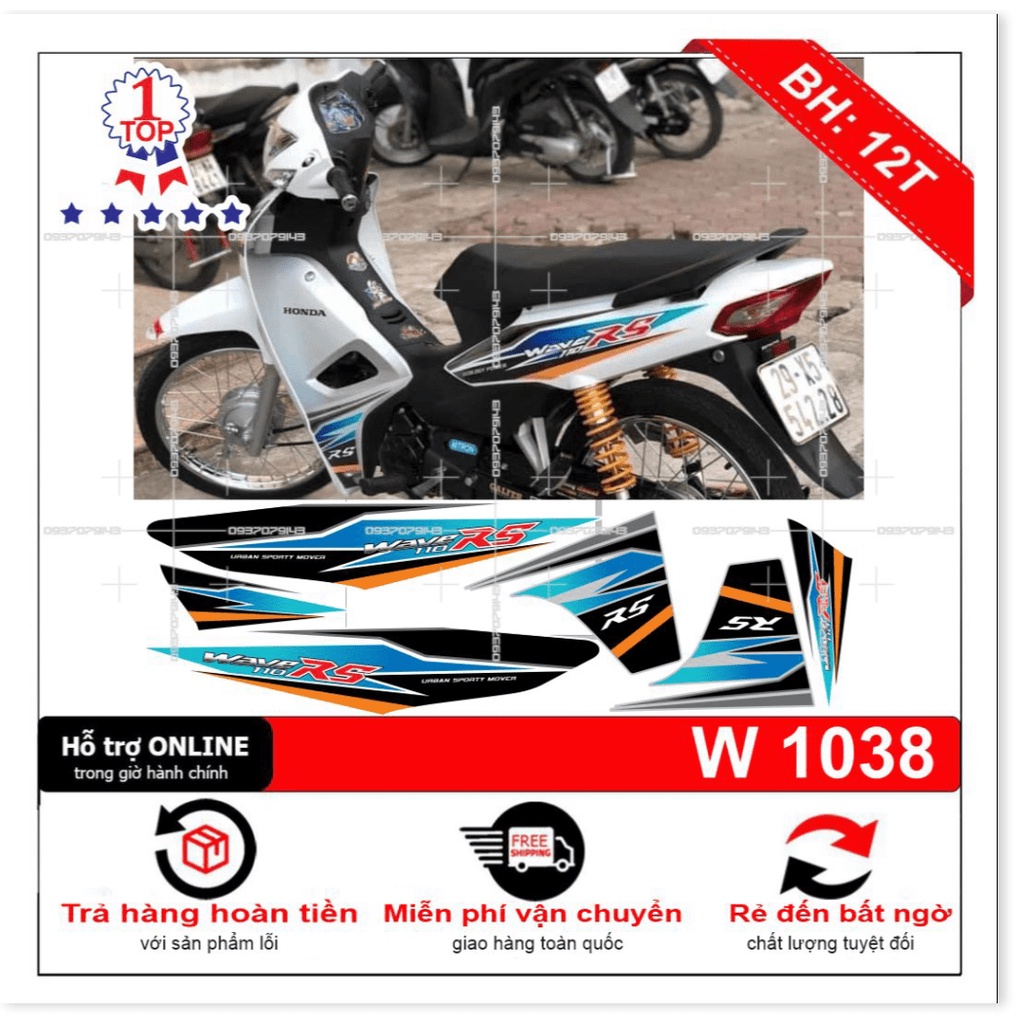 ( Quí khách vui lòng mang ra tiệm cho thợ dán ) Tem wave 110 RS trắng xanh