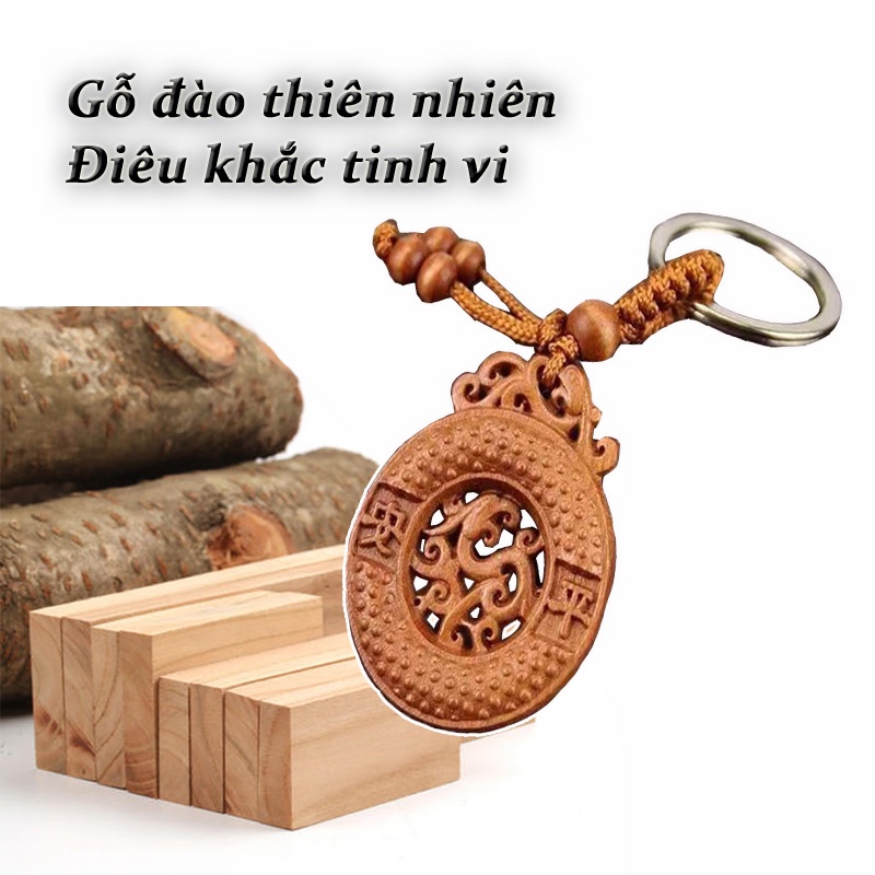 Móc khóa gỗ đào vật phong thủy bình an xua tà bình an