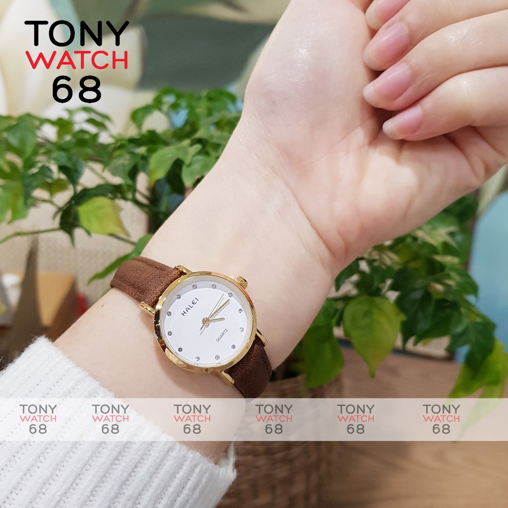 Đồng hồ cặp đôi nam nữ Halei mặt đá dây da đen chính hãng Tony Watch 68 | BigBuy360 - bigbuy360.vn