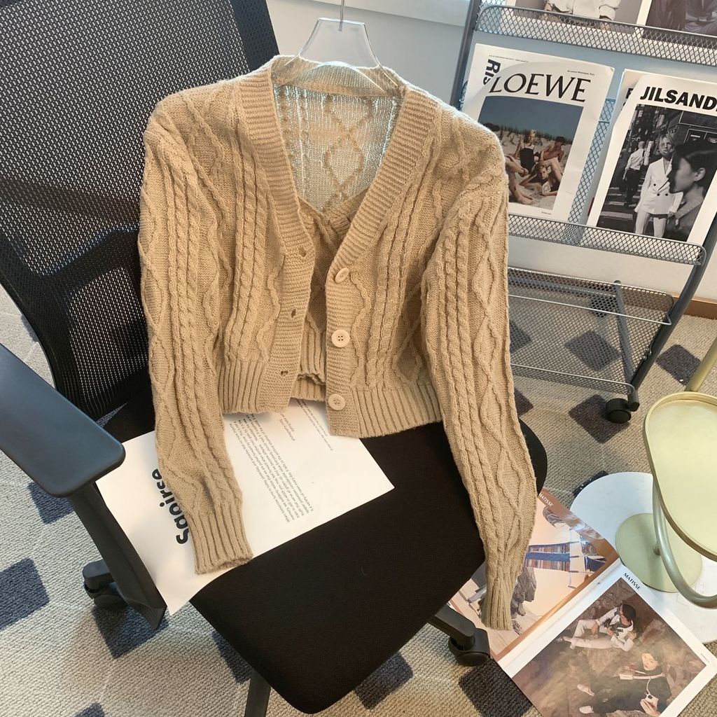 Bộ Áo cardigan Cổ Chữ V Dáng Ôm + Quần Yếm Phong Cách Hàn Quốc Thời Trang Thu Đông Cho Nữ