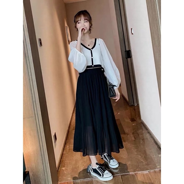 Áo croptop nữ len tăm phối tay voan dài bánh bèo cổ chữ V Áo sơ mi tay bồng phong cách mới karryshop