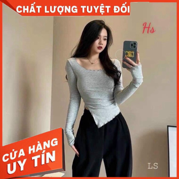 Áo Body Nữ Dài Tay Xẻ Tà 🦋 Áo Thun Nữ Cổ Bèo Vạt Lệch 3 Màu 🦋 - Hàng nhập khẩu