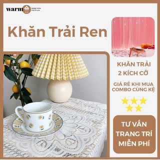Khăn trải bàn vintage phối ren trắng - Khăn ren trải bàn hình chữ nhật decor phòng khách, phòng ngủ