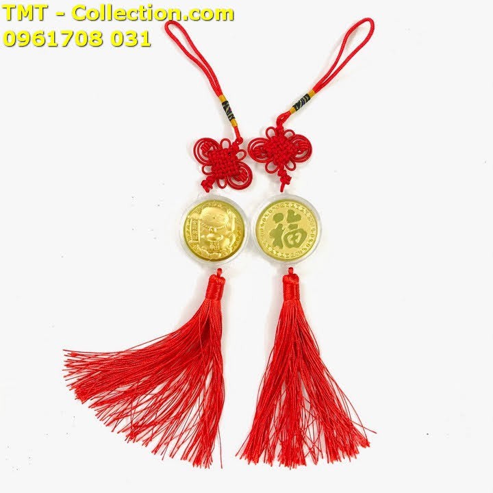Dây treo đồng xu Mèo Thần Tài; màu đỏ, Kích thước dây treo may mắn là 30 x 4.5cm (Dài x Rộng) - TMT Collection - SP 0050
