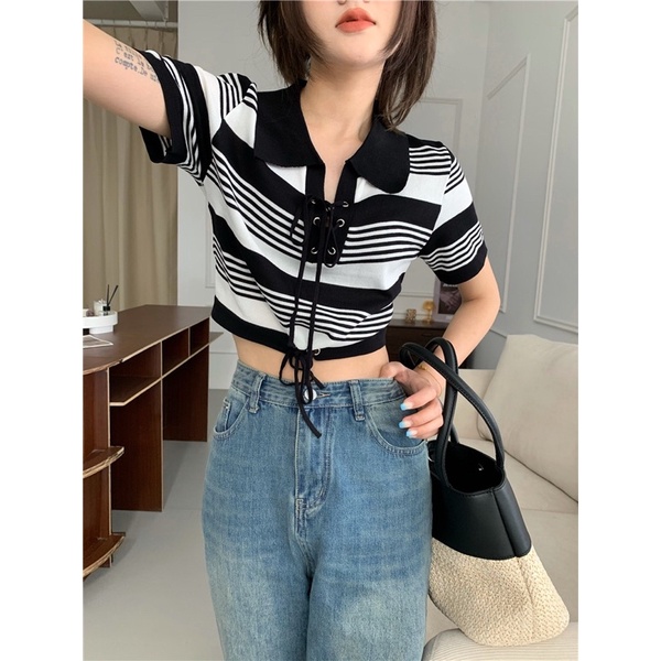 áo len dệt kim kiểu sọc cổ đức mix dây đan