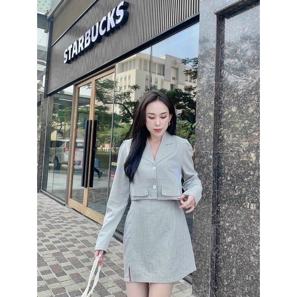 Set vest caro áo croptop kèm chân váy ngắn ôm có lót quần, thời trang công sở thanh lịch kín đáo đồ đi chơi dạo phố
