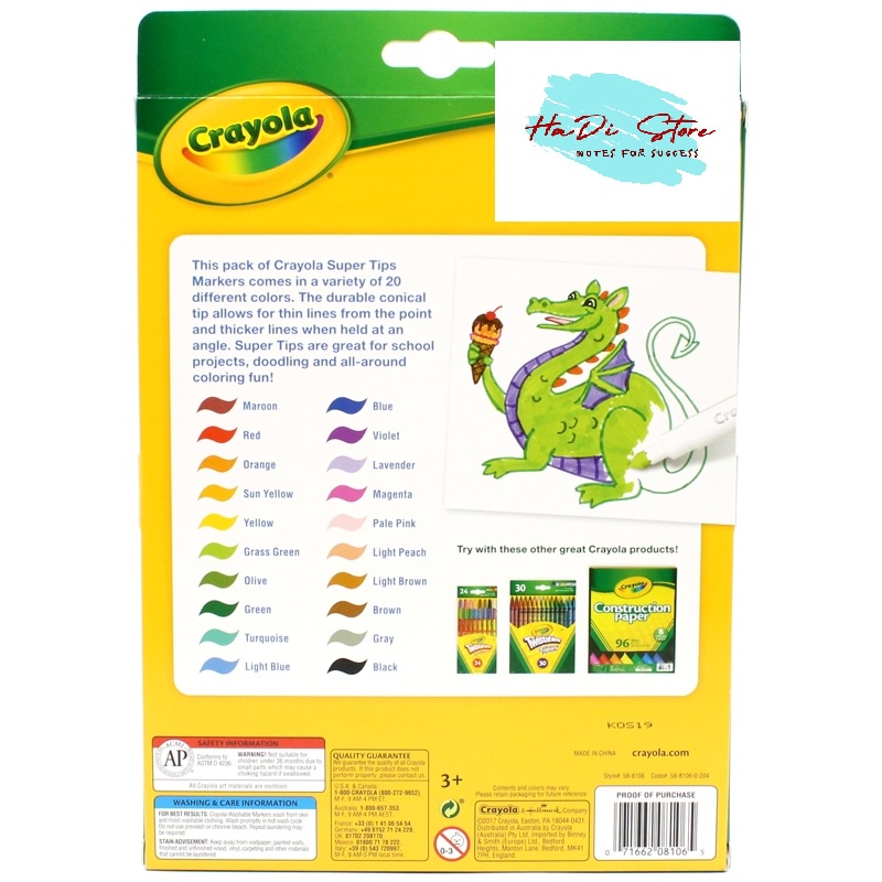 [HADI] Bộ 20 màu Bút lông tẩy rửa được CRAYOLA SUPERTIPS nét thanh nét đậm (Mã SP:CYL-B-SPT20)