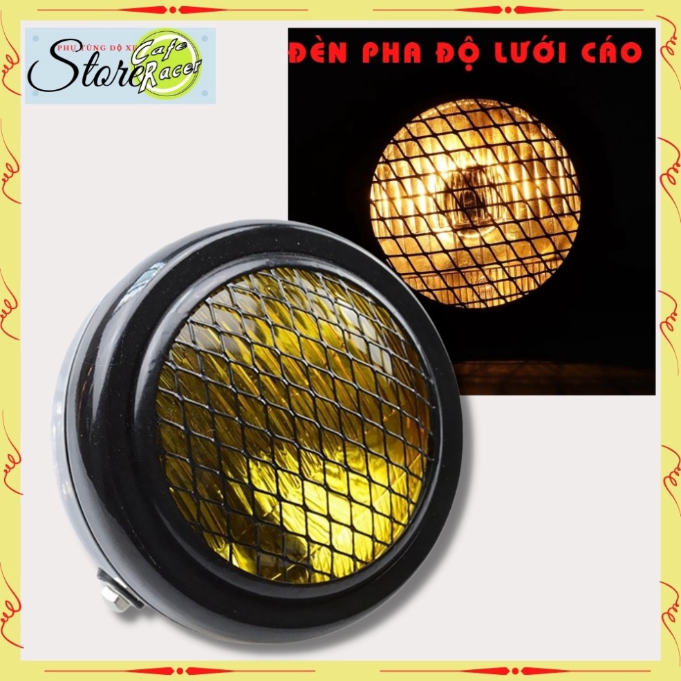 Đèn pha xe máy độ 6,5 icnh cho dòng xe classic gáo sắt sơn đen mặt kính thủy tinh sẵn lưới mắt cáo