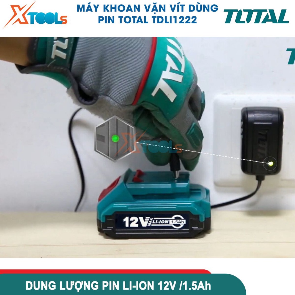 Máy khoan pin cầm tay 12V 10mm Total TDLI1222 tốc độ 1350v/p, lực siết 25nm, khả năng khoan 10mm [CHÍNH HÃNG][XTOOLS]