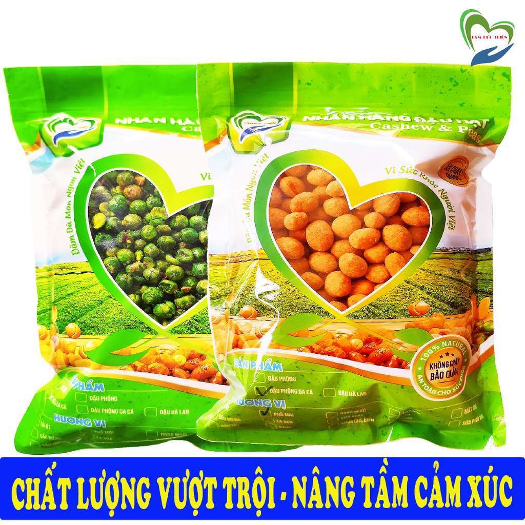 Combo 1KG đậu 2 vị: đậu phộng da cá phô mai và hà lan rang tỏi ớt Tâm Đức Thiện 2 Túi x 500GR đồ ăn vặt