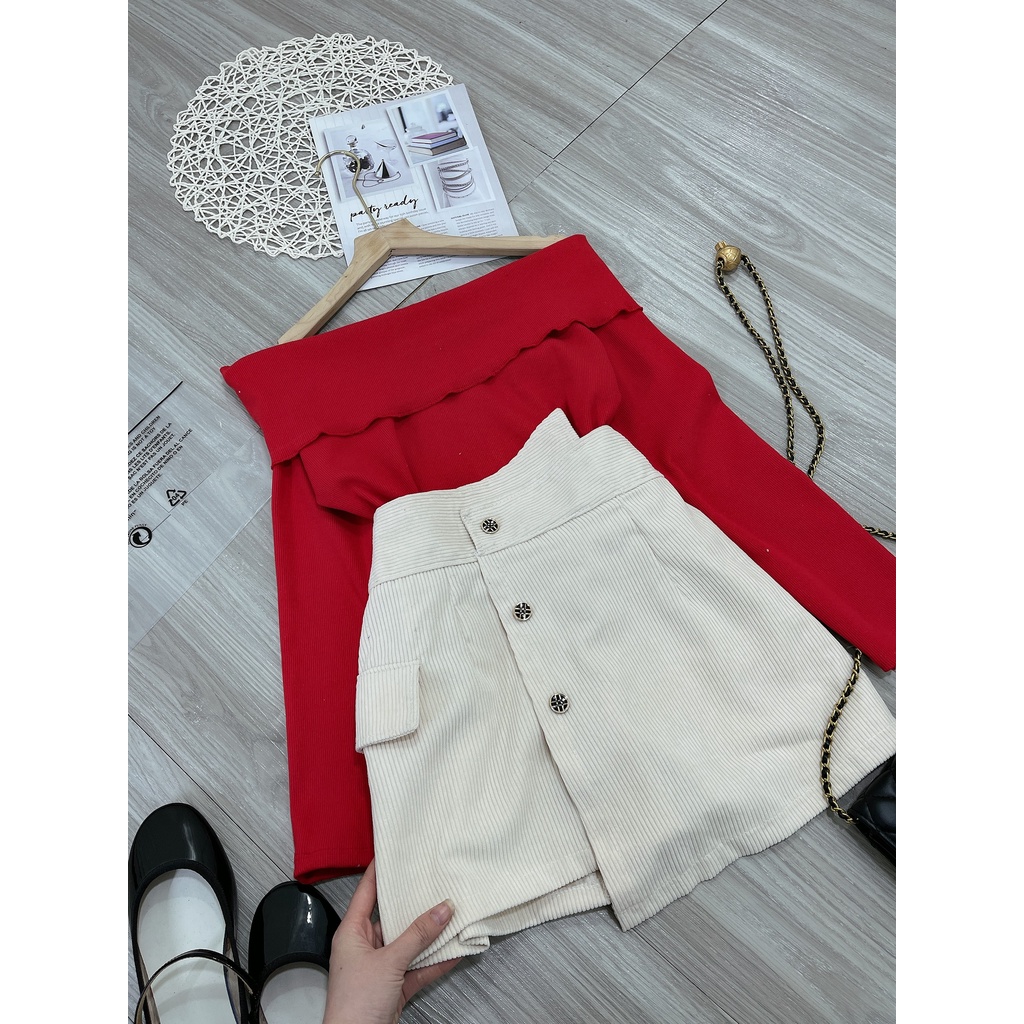 Set áo trễ vai vai len tăm mix chân váy vạt lệch chữ a đồ bộ nữ đi chơi | BigBuy360 - bigbuy360.vn